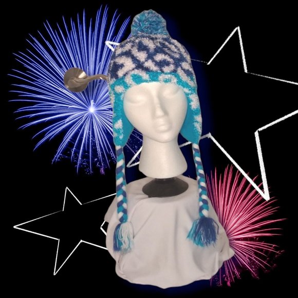 Girls Multi Blues & White Lined Beanie Hat with Braided Ties and Pompom - Picture 5 of 8